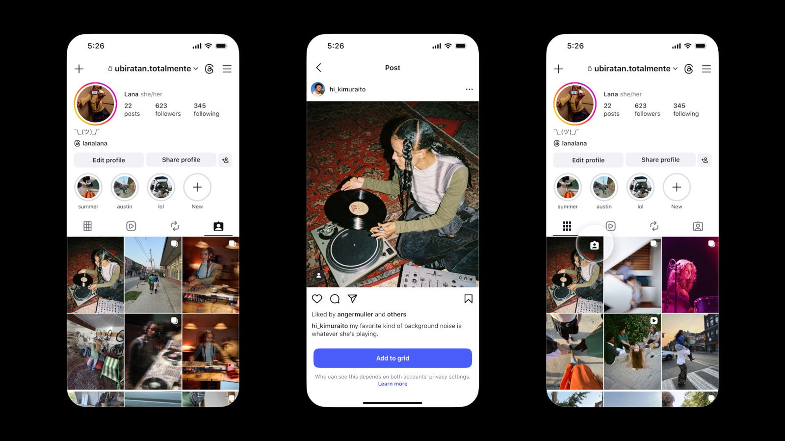 Instagram app interface displaying a profile feed grid