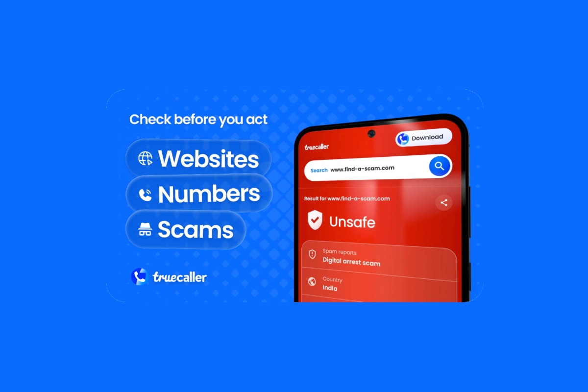 Truecaller logo on a smartphone screen showing scam detection features