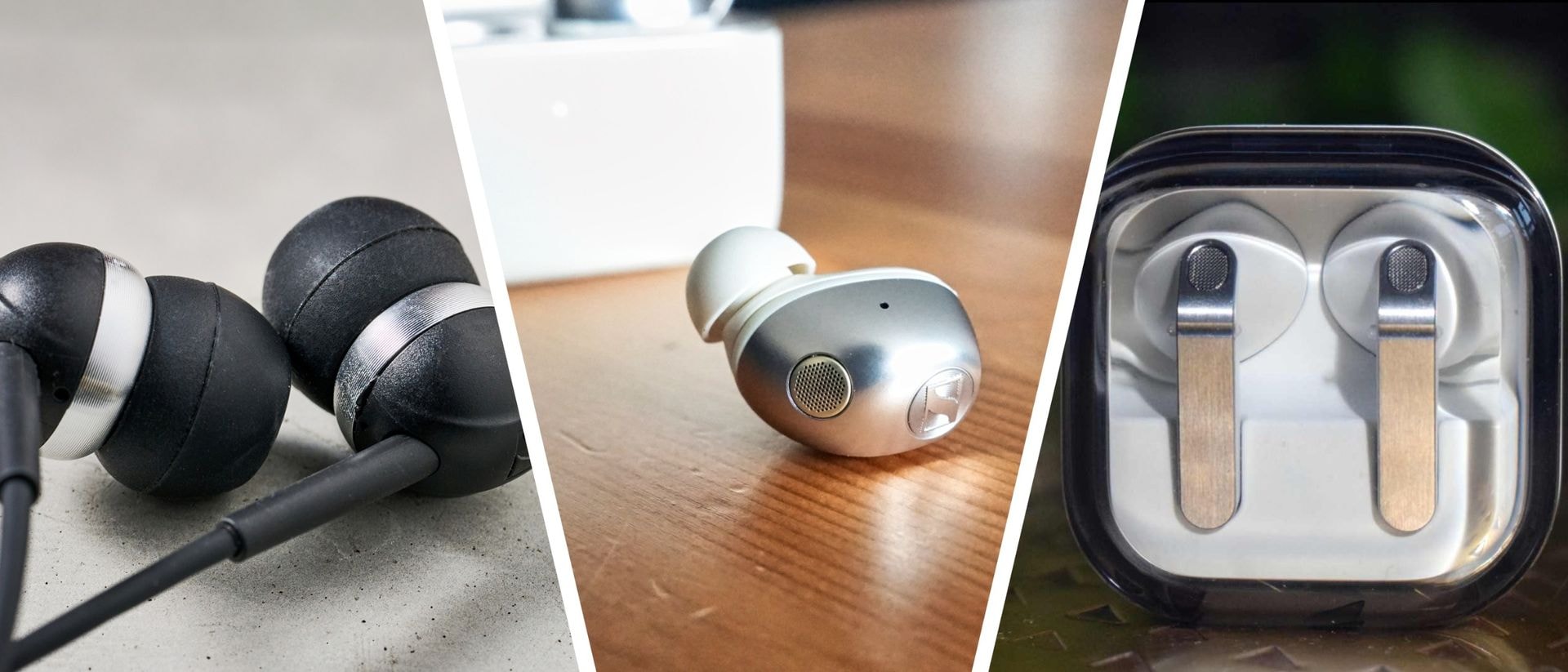 A selection of wireless earbuds on a clean, modern background.