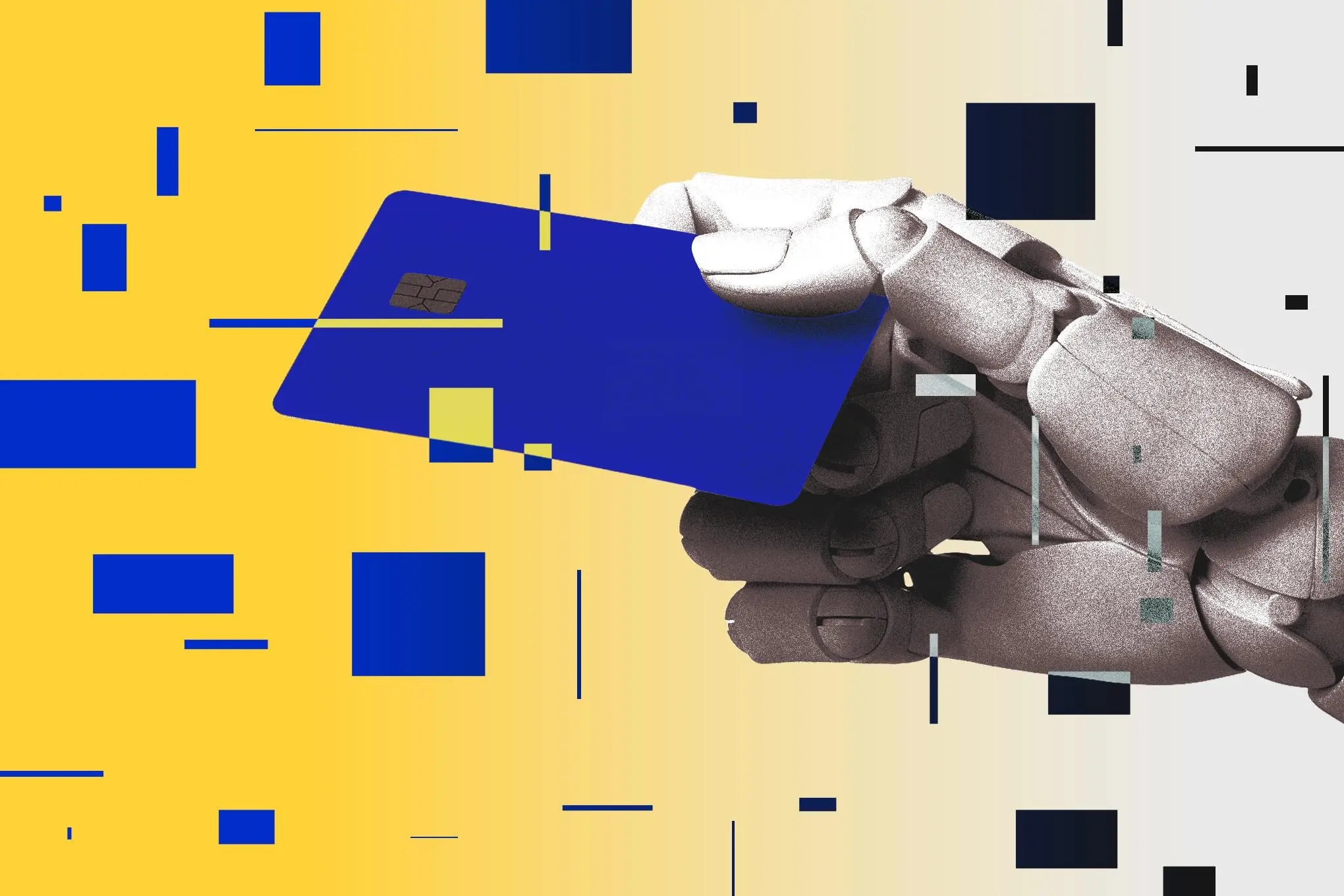 A digital illustration representing AI shopping agents interacting with online storefronts.