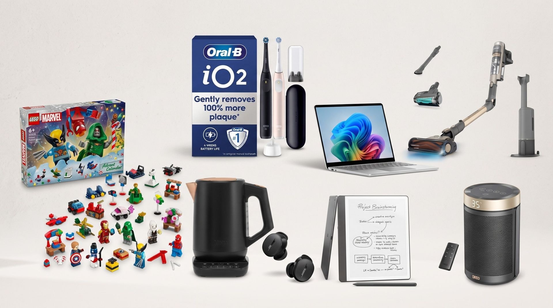 Various tech gadgets and home appliances on a clean background representing Amazon UK deals.