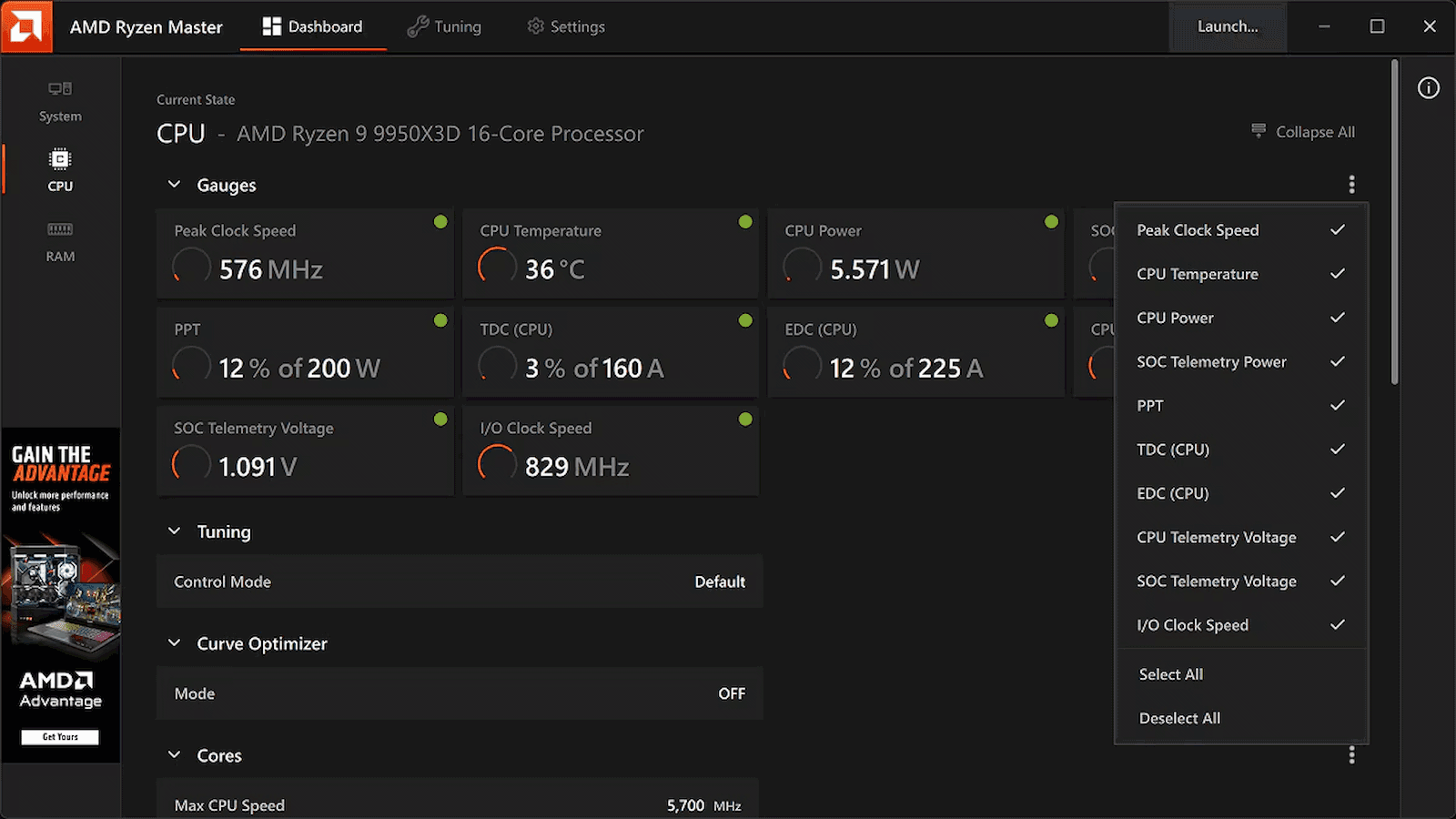 A screenshot of AMD's Ryzen Master CPU tuning tool.