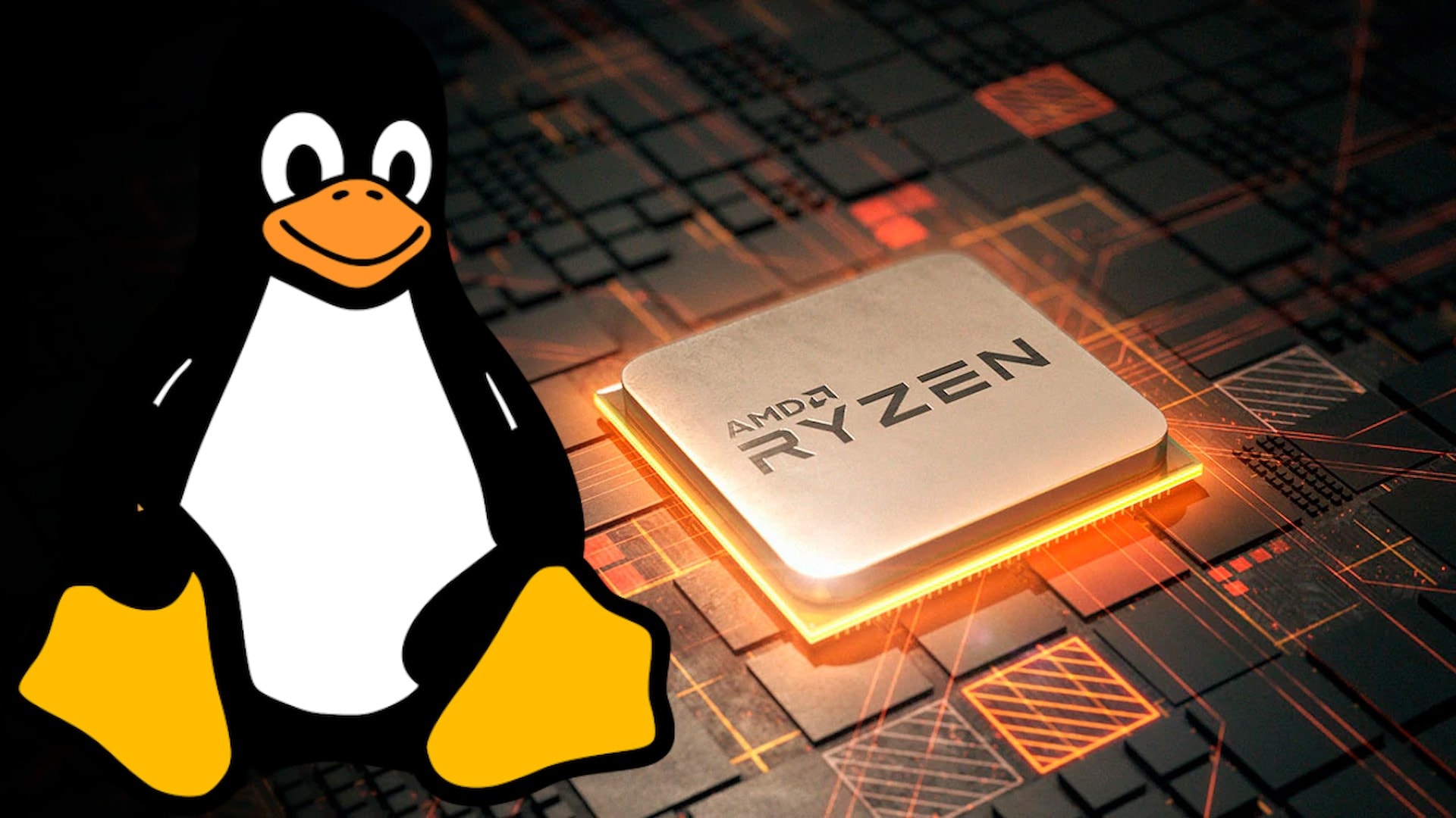 AMD Ryzen processor logo on a circuit board background