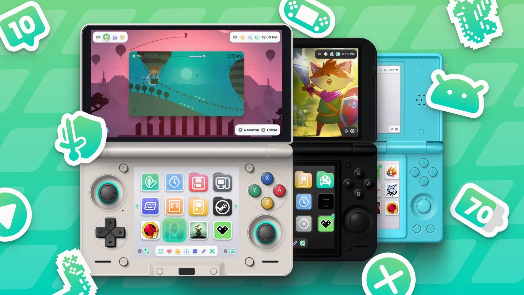 A handheld Android gaming console displaying the Cocoon interface.