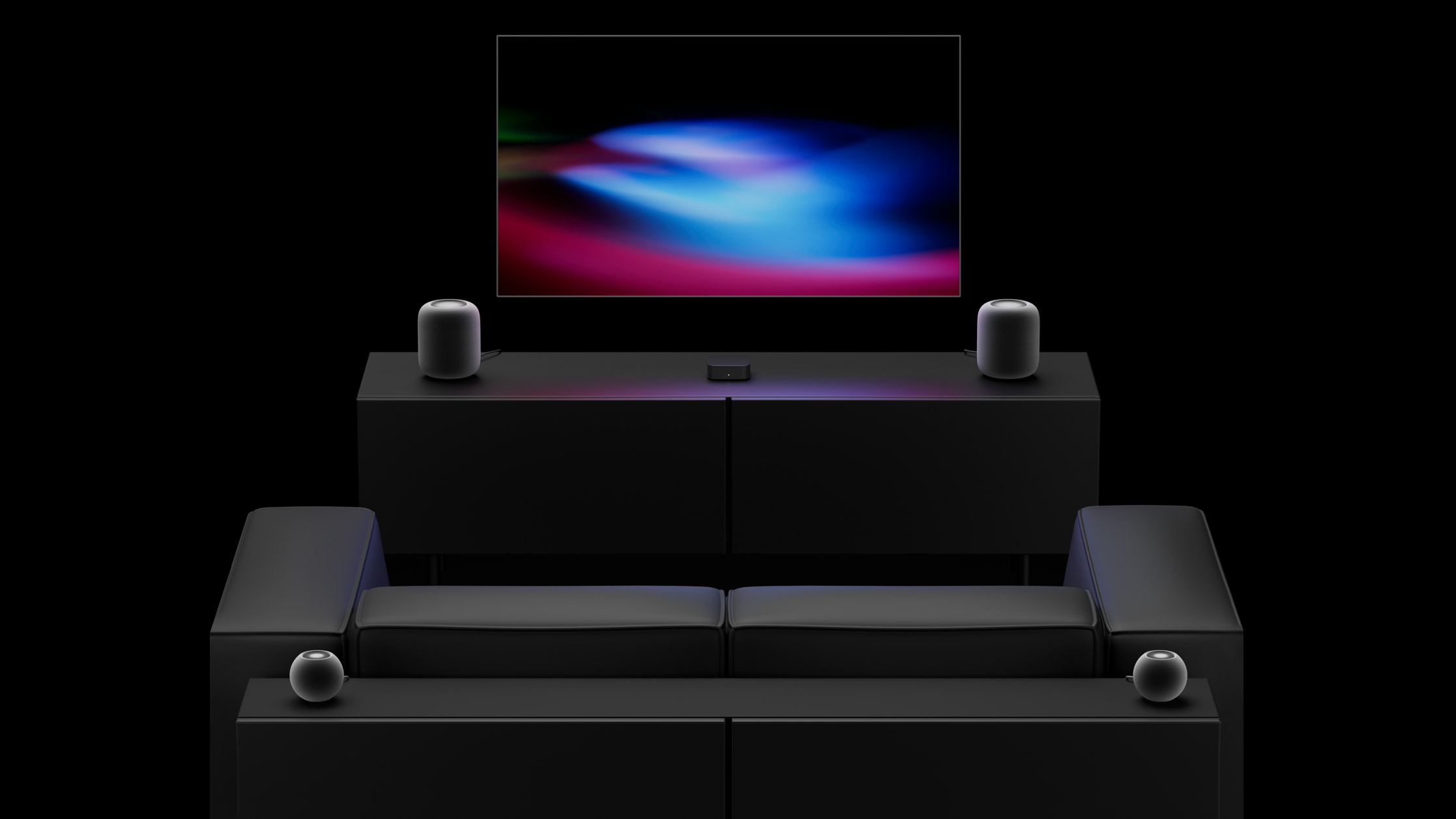 Apple TV 4K and HomePod speakers in a living room setup