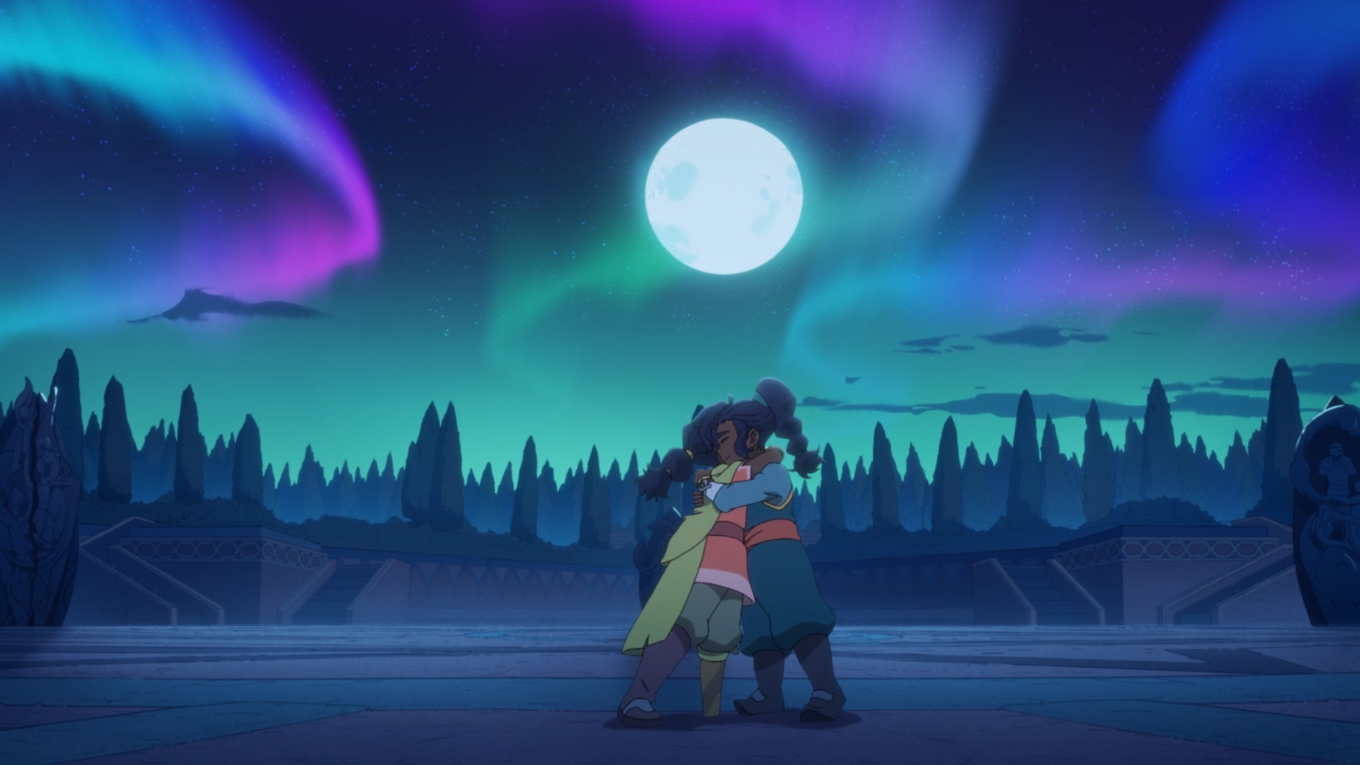 A dramatic scene from the animated series Avatar: Seven Havens featuring the characters Pavi and Nisha.