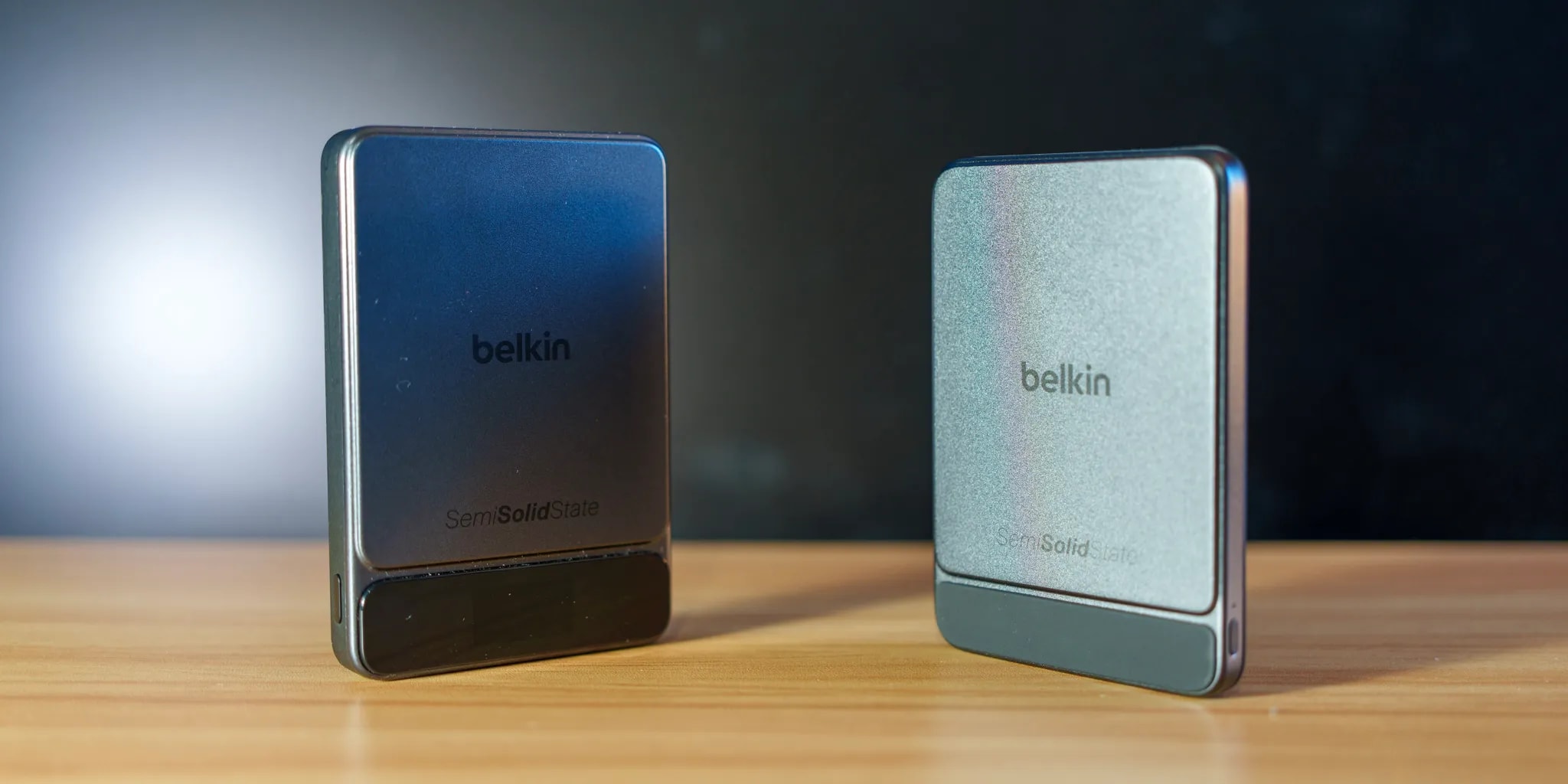 Belkin portable charger on a desk
