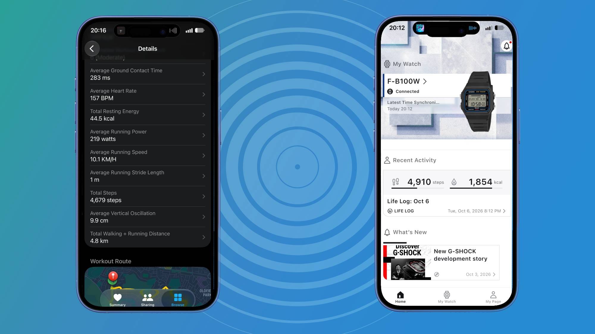 Screenshots of the Casio Watches and Apple Fitness apps