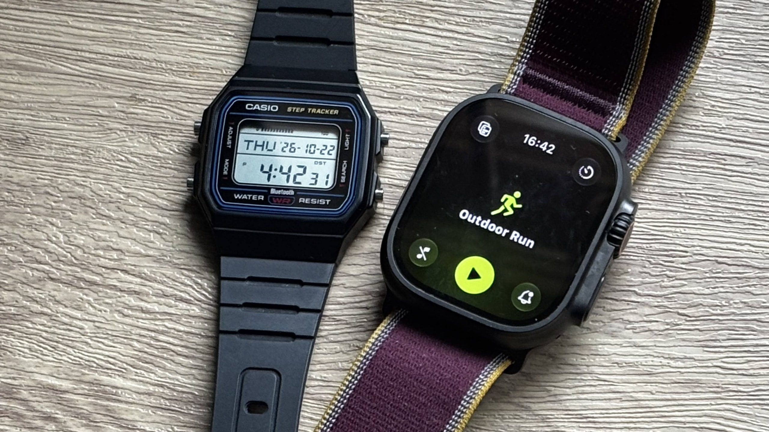 Casio F-B100W and Apple Watch Ultra 4 side by side
