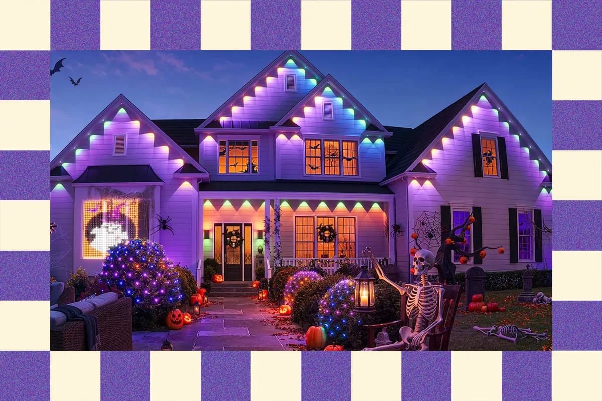 A house decorated with purple lights along the roof, around the porch, and on the bushes in the yard