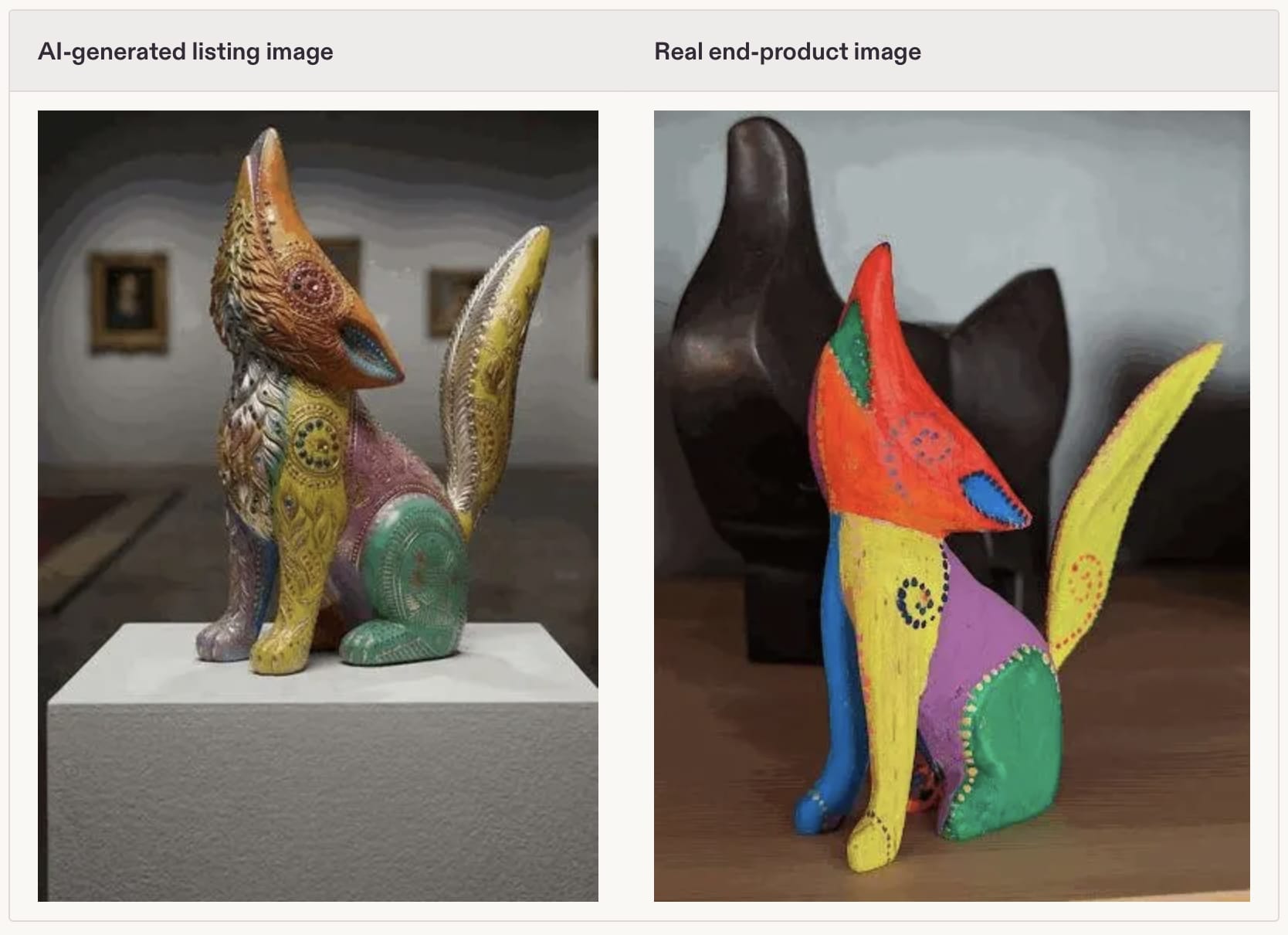 An AI image of a statue on the left and a real one on the right that looks nothing like it.