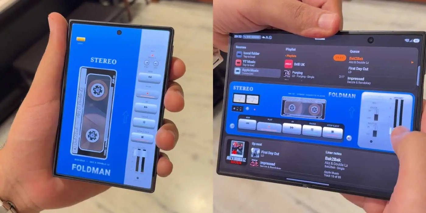 Samsung Galaxy Z Fold 8-ის ეკრანზე გაშვებული Foldman აპლიკაცია, რომელიც Sony Walkman-ის ინტერფეისს იმეორებს.