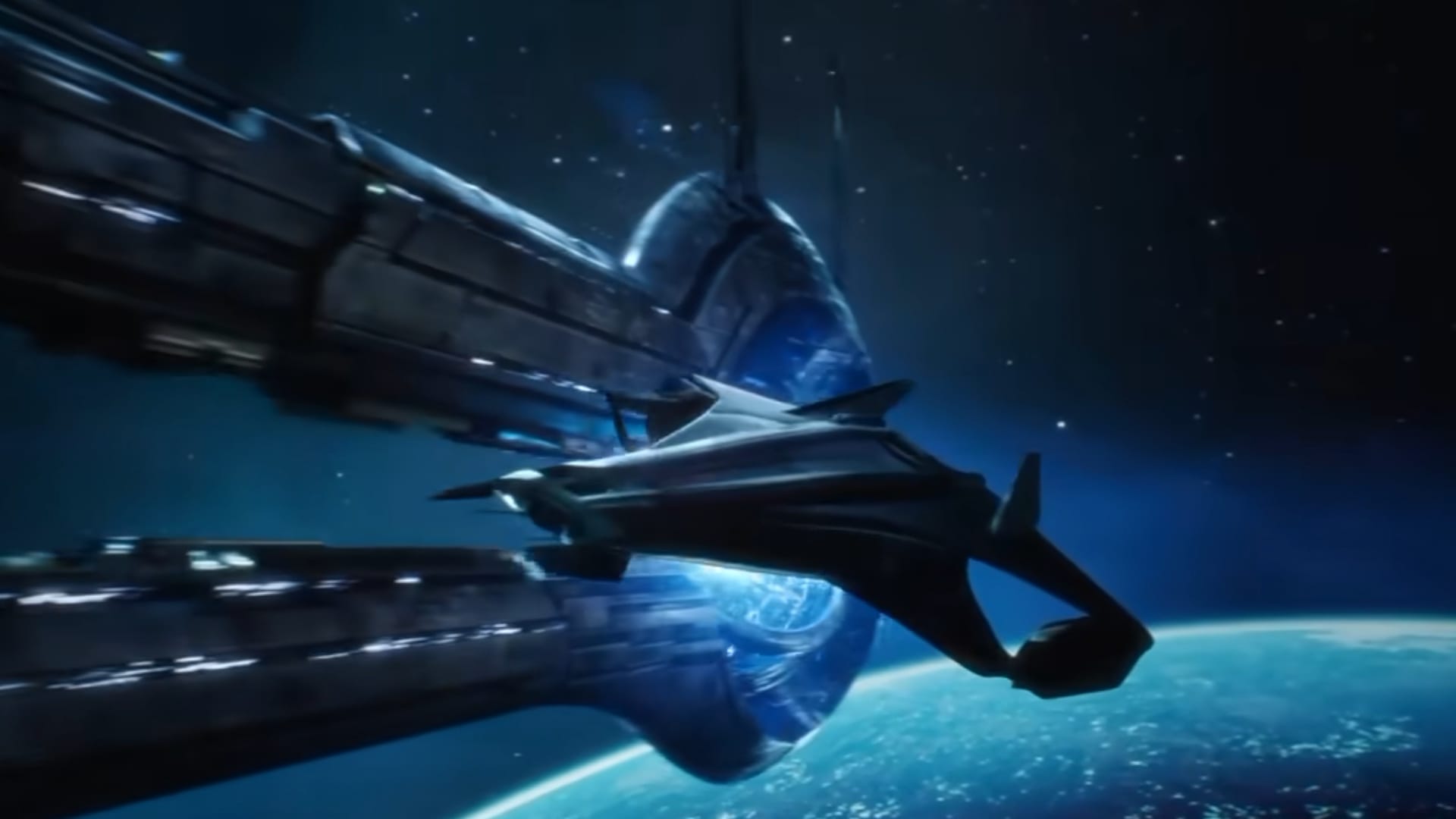 Very Normandy-lookin' spaceship from the leaked Mass Effect: Universe trailer