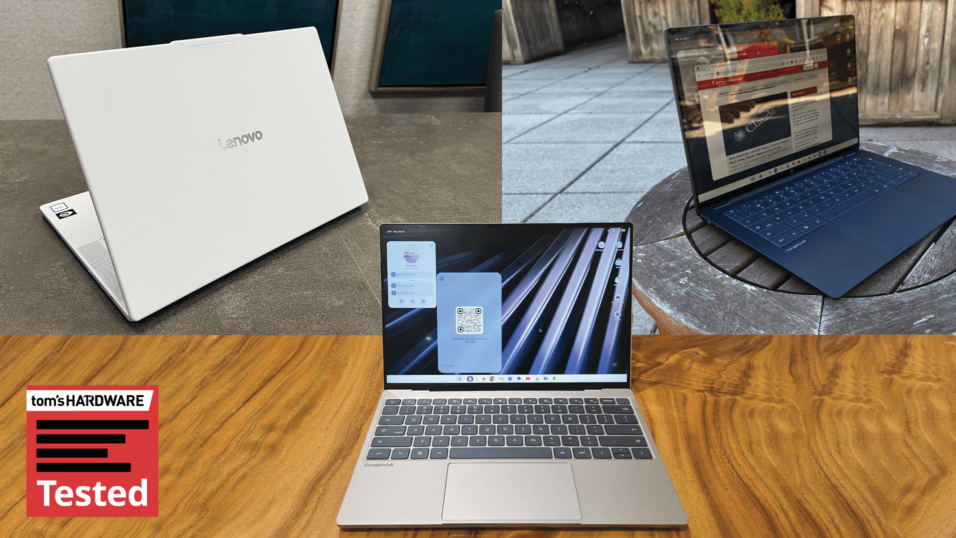 A lineup of various Googlebook laptops from different manufacturers showing the Glowbar feature.