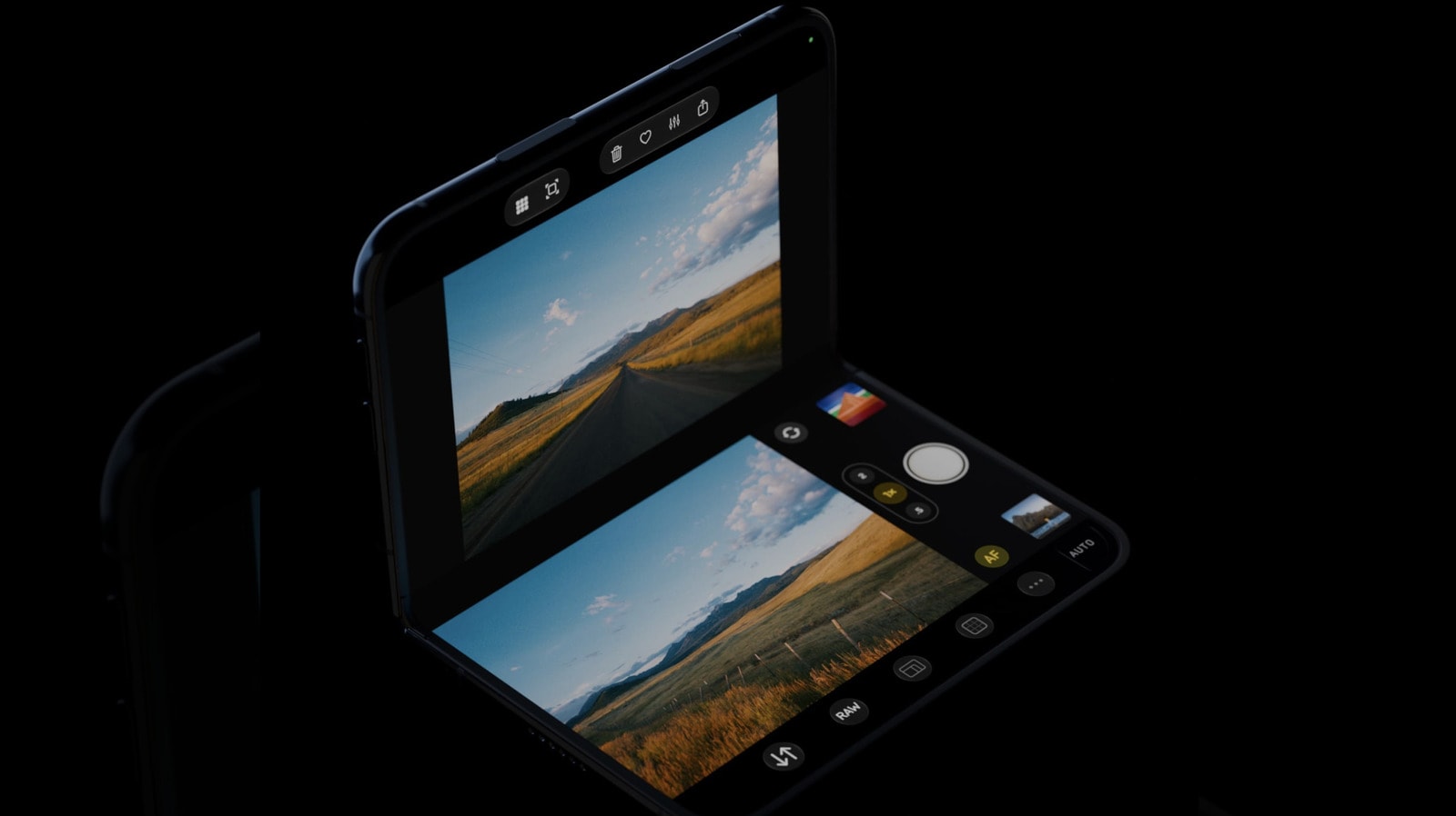 The iPhone Duo smartphone displaying the Halide camera app interface.