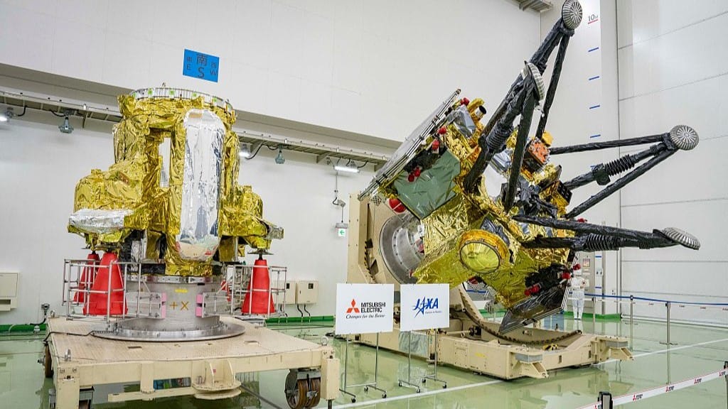 The Propulsion Module (left) and Exploration and Return Modules (right), which together make up Japan’s Martian Moons eXploration (MMX) spacecraft, are seen at the Tanegashima Space Center in Minamitane, Kagoshima prefecture on Aug. 13, 2026.