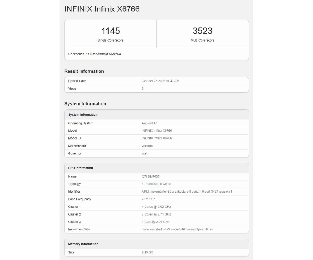 Infinix Note 70 Pro visits Geekbench with a mysterious Snapdragon chipset