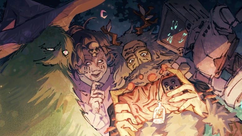 The Scrybes of Inscryption (Magnificus, Grimora, Leshy and P03) are pictured in an illustration with Leshy holding a smartphone.