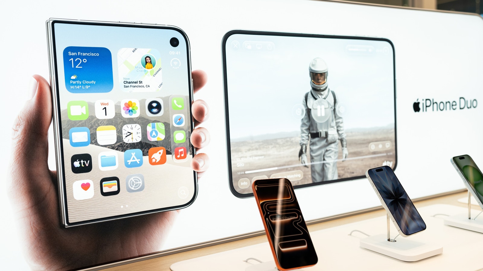 iPhone Duo next to Android foldable smartphones