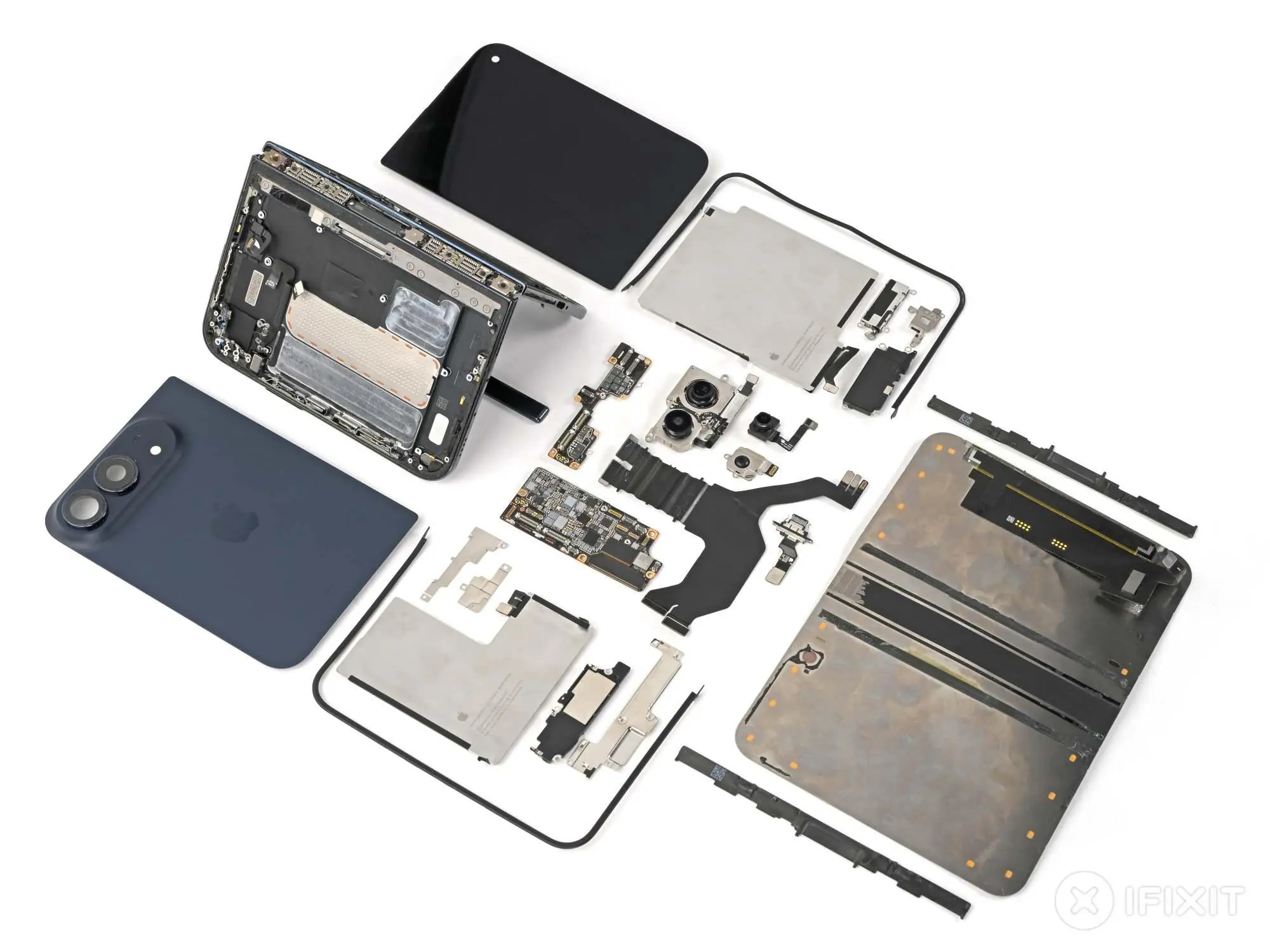 The internal components of an iPhone Duo during an iFixit teardown