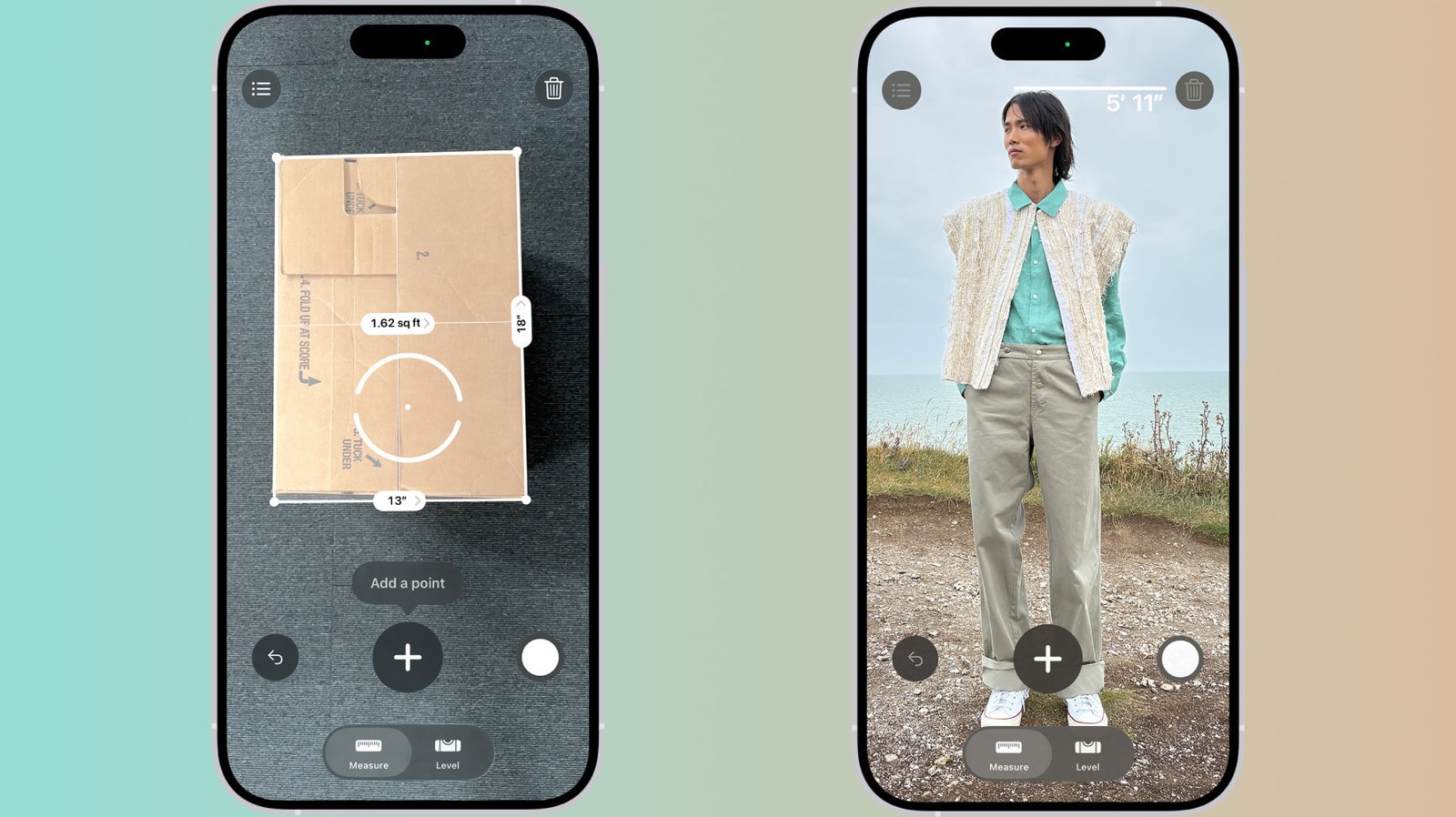 An iPhone screen displaying the Measure app interface over a physical object.
