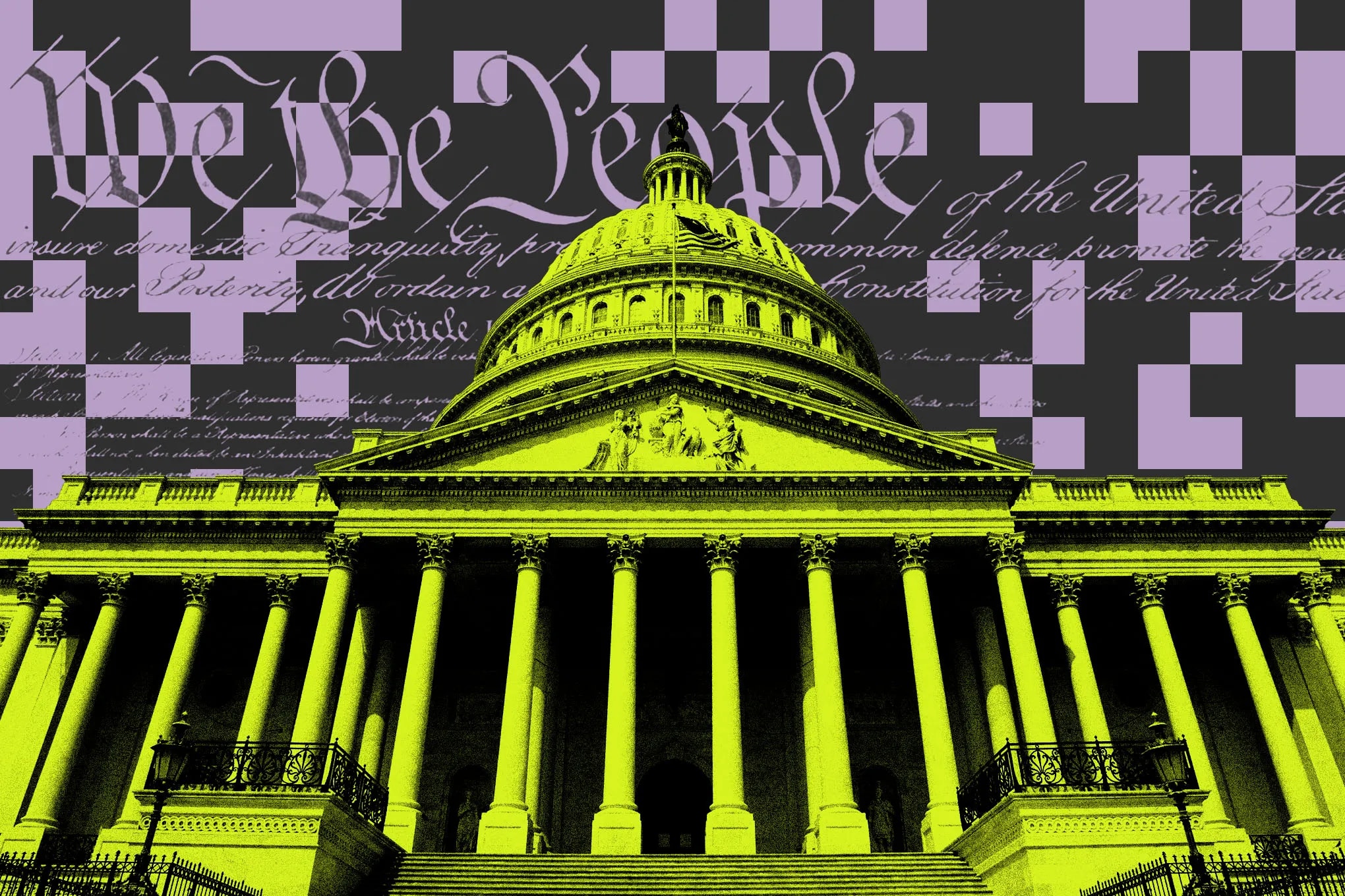 A digital representation of AI technology and political influence in Washington.