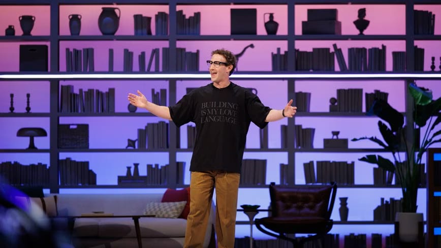 Mark Zuckerberg, in glasses and a black T-shirt reading 'Building is my love language', stands with arms outstretched on a stage set with backlit bookshelves in pink and purple light