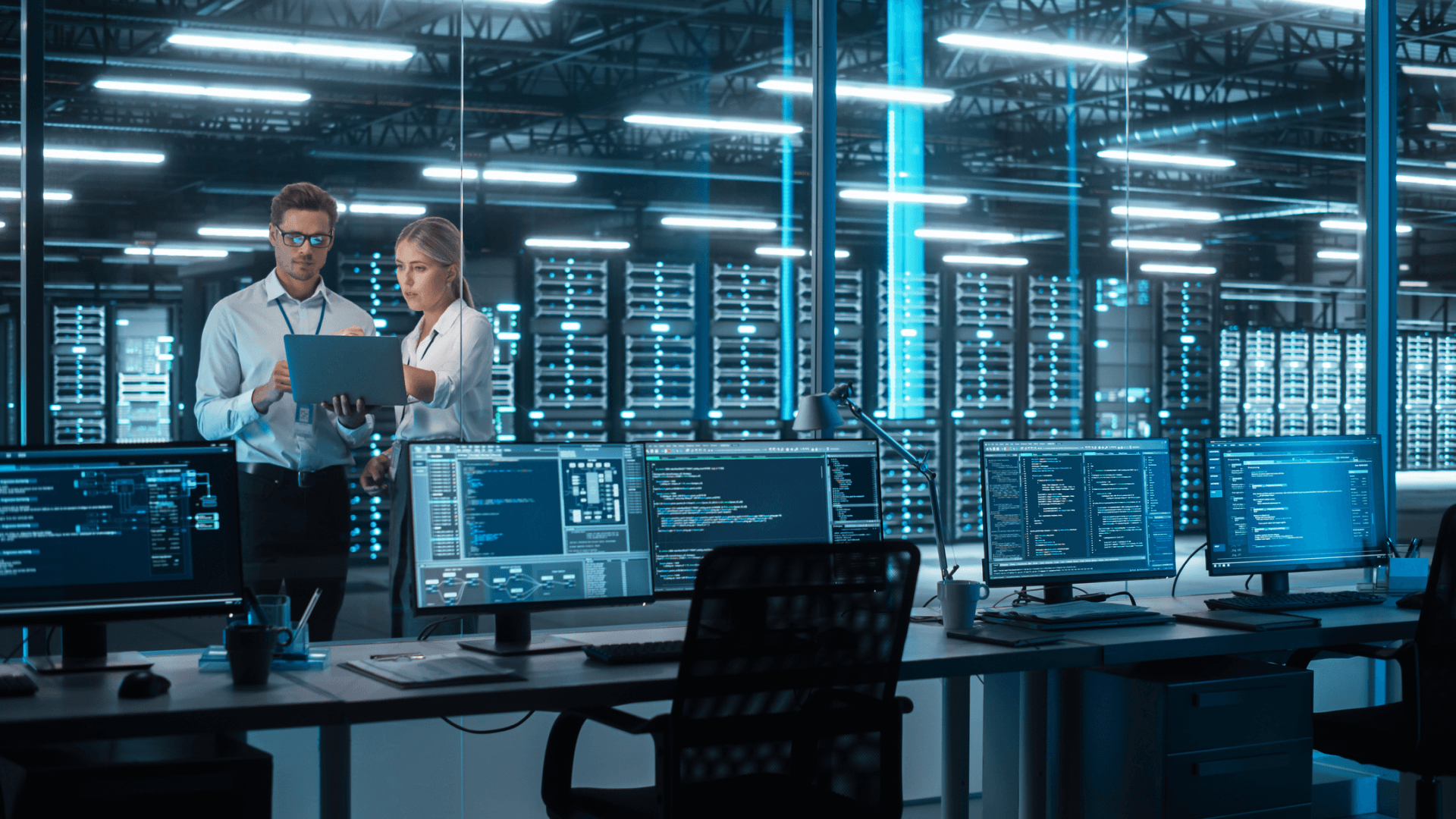Data center server racks with blue lighting