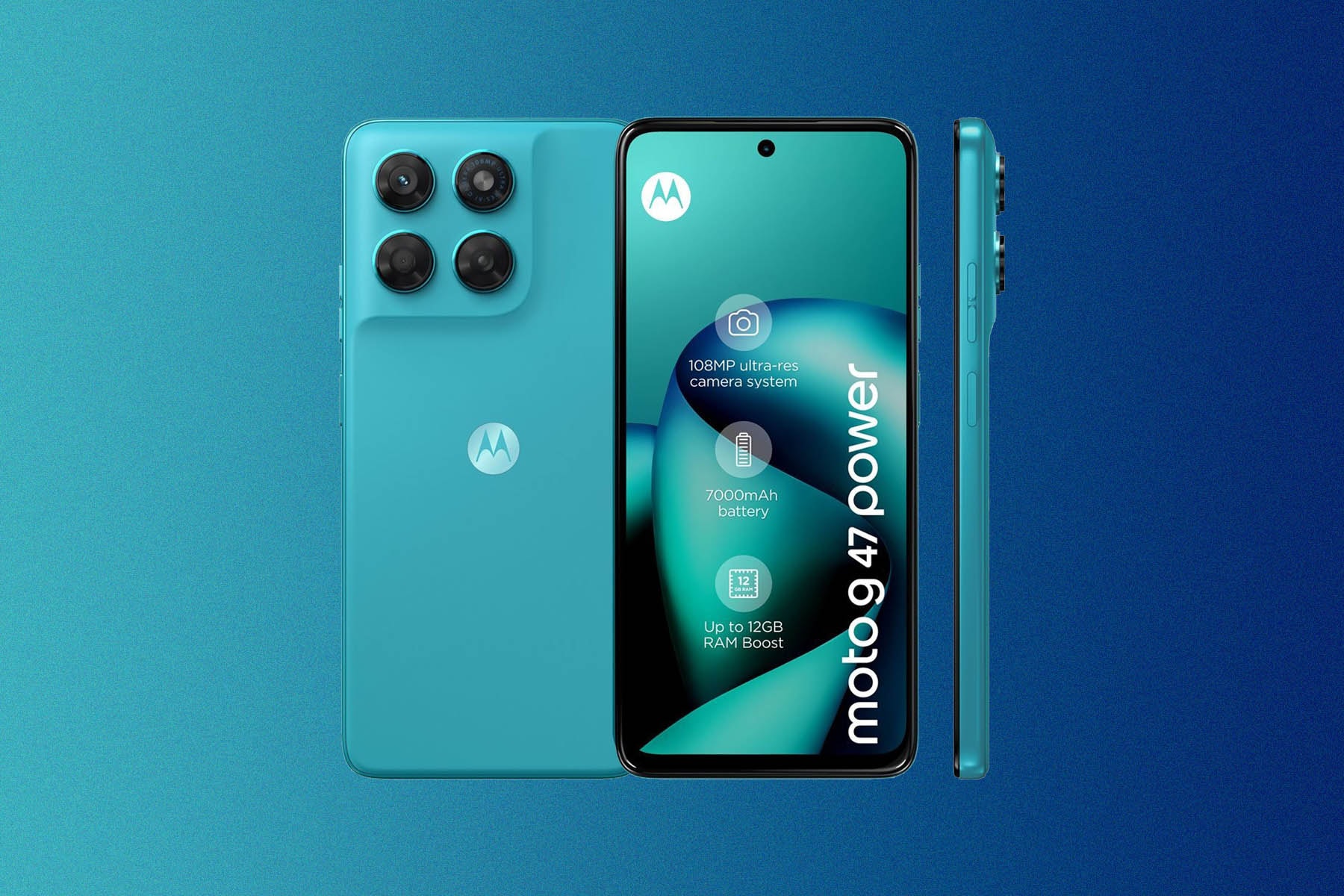 Motorola Moto G47 Power smartphone in turquoise-green