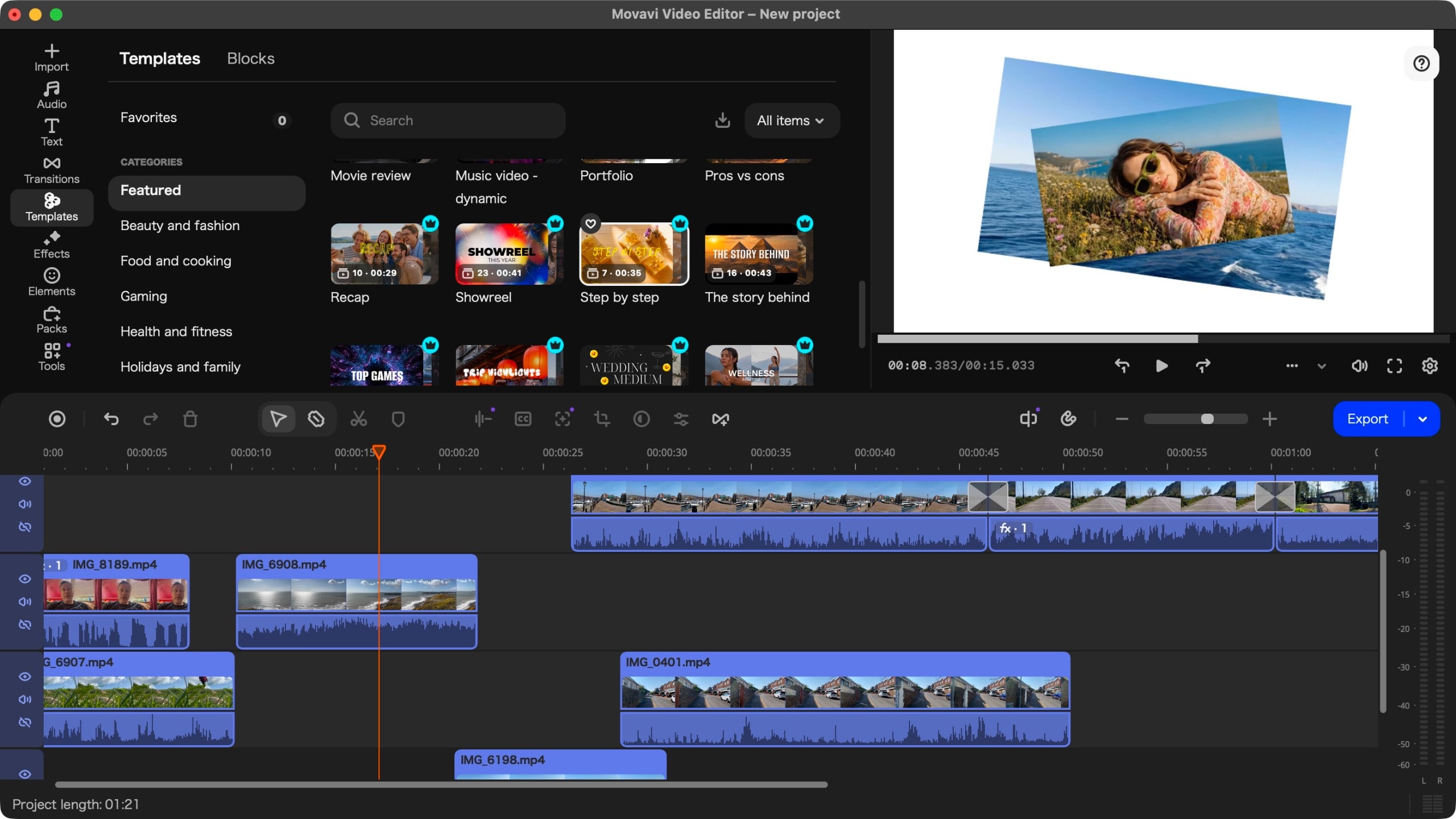 Movavi Video Editor 27-ის სამუშაო ინტერფეისი კომპიუტერის ეკრანზე