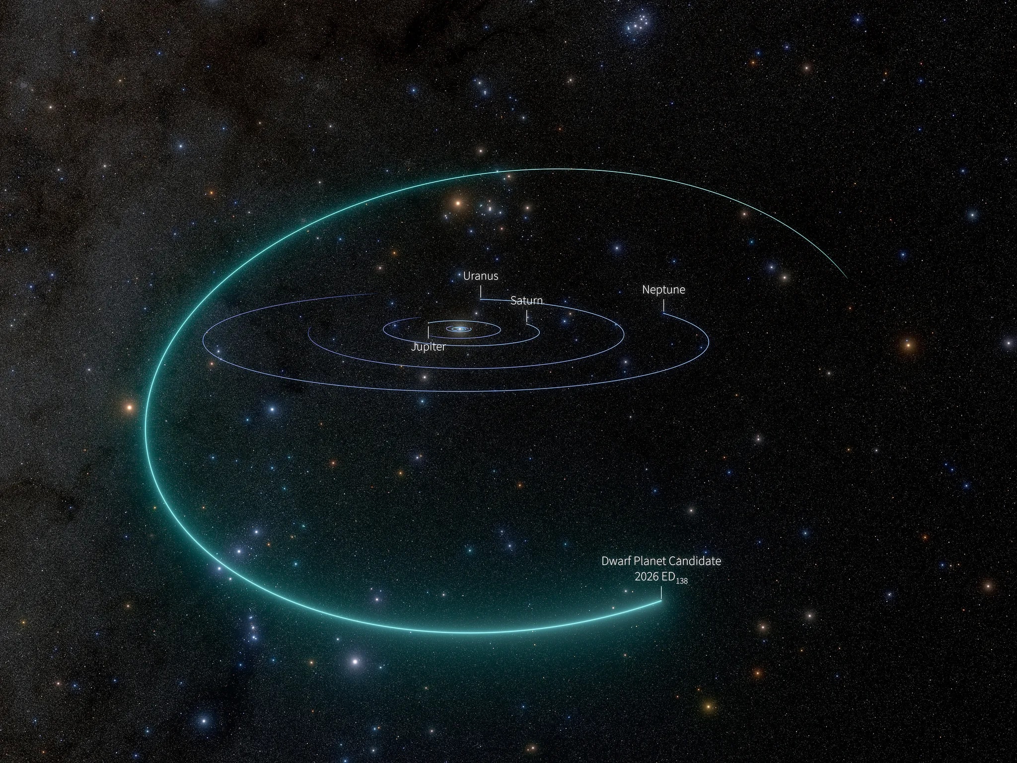 A conceptual illustration of a distant, icy celestial body in deep space.