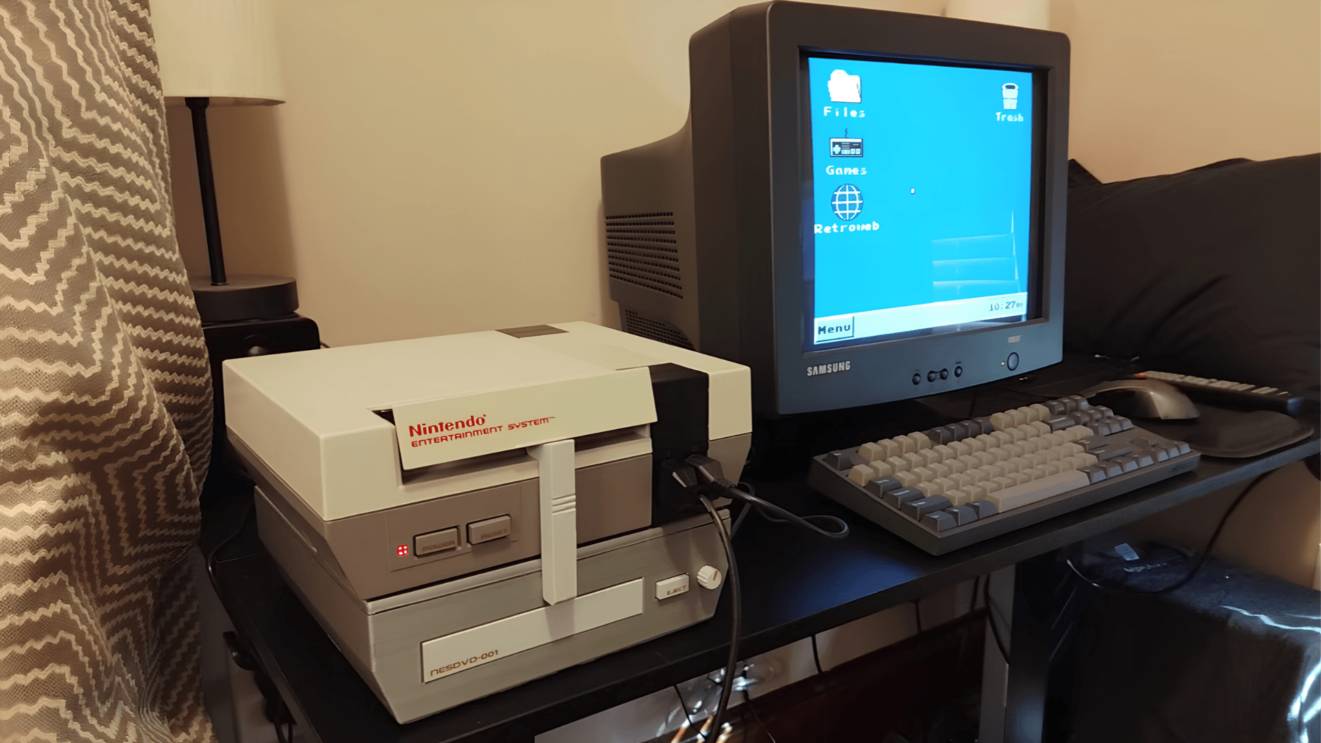 A modified Nintendo Entertainment System console connected to a keyboard and monitor.