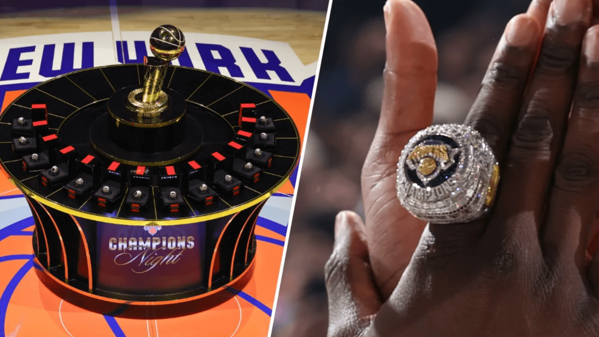 New York Knicks logo and basketball themed background