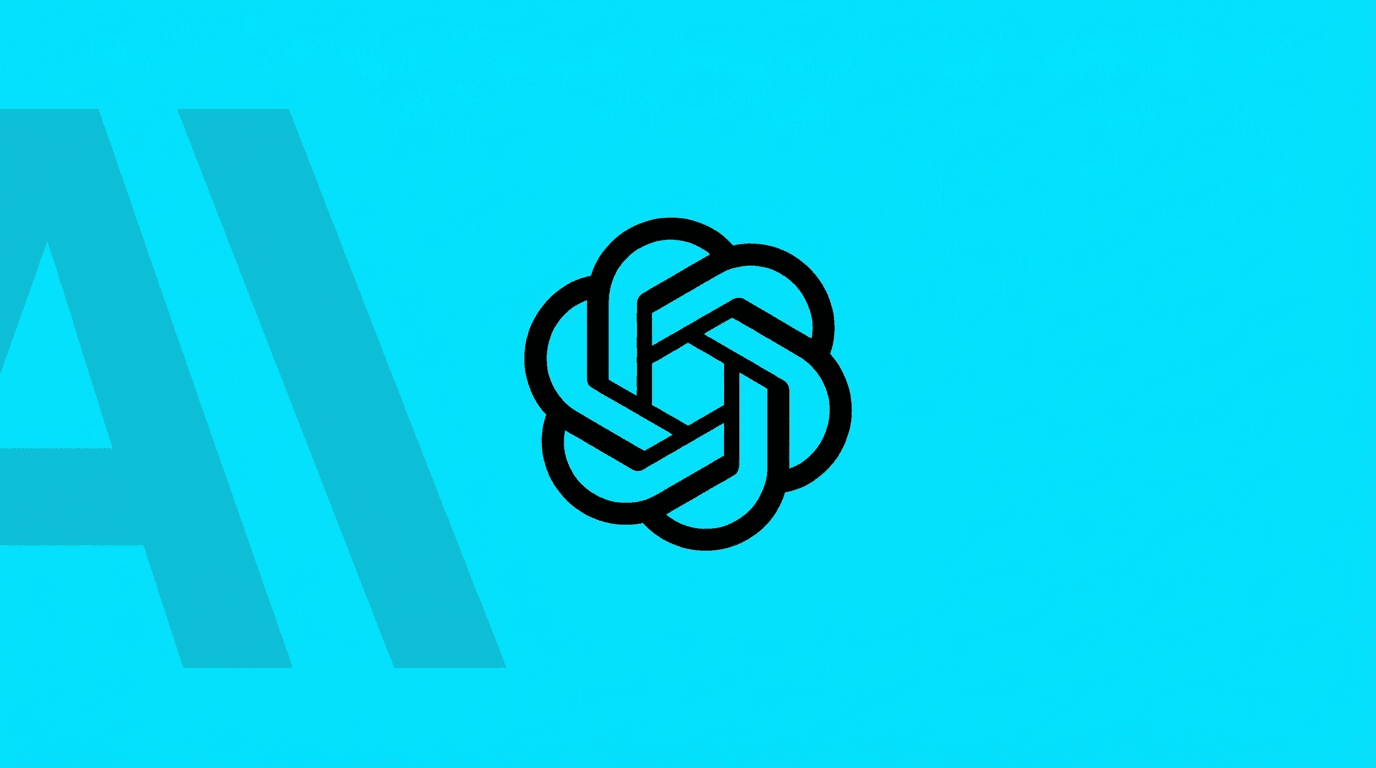 OpenAI logo displayed on a digital screen with abstract AI graphics