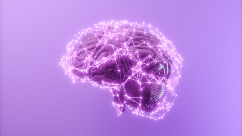Illustration of a brain surrounded by a network of light points. The color scheme is purple.