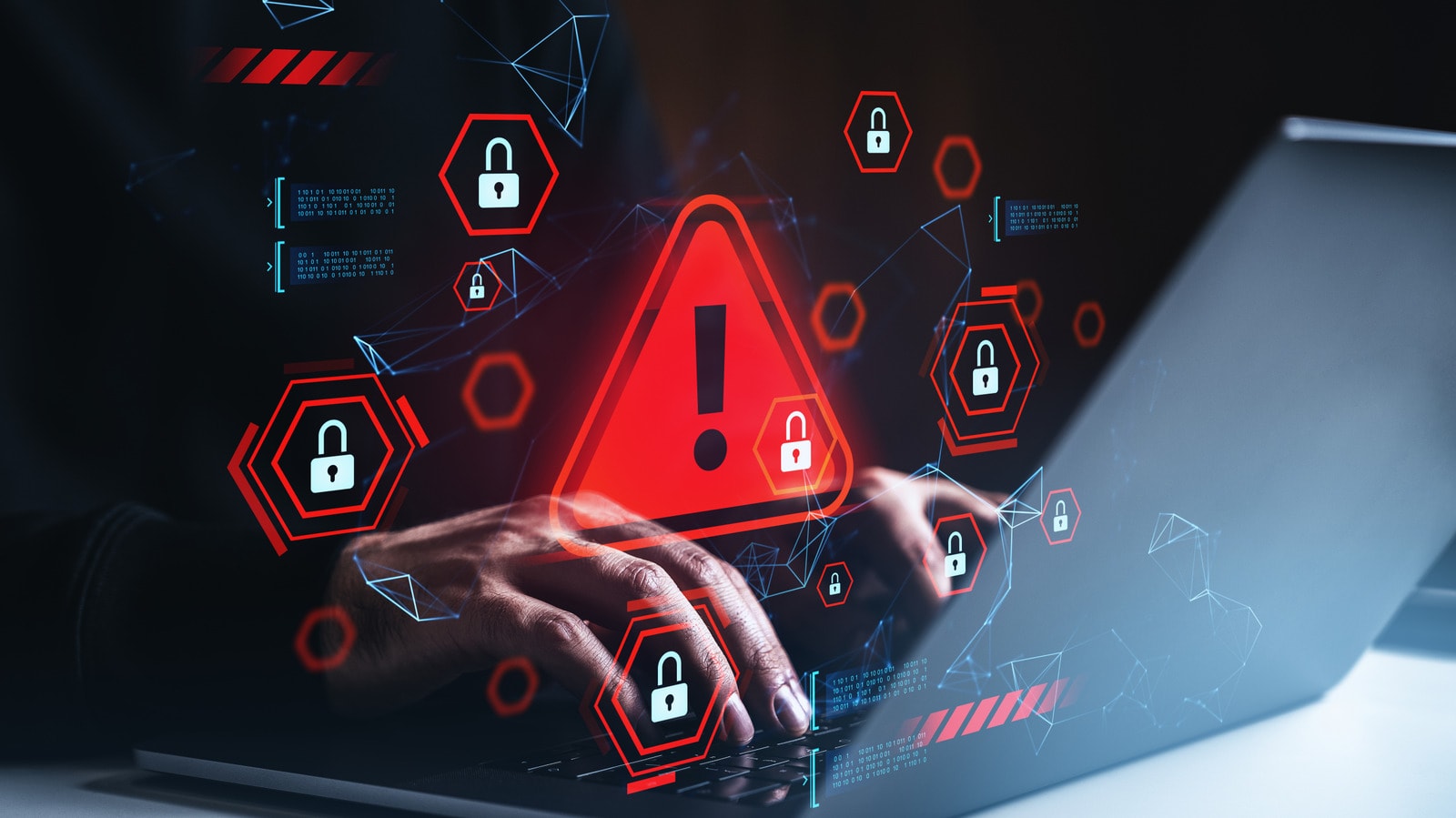 Cybersecurity concept showing digital code and a warning sign.