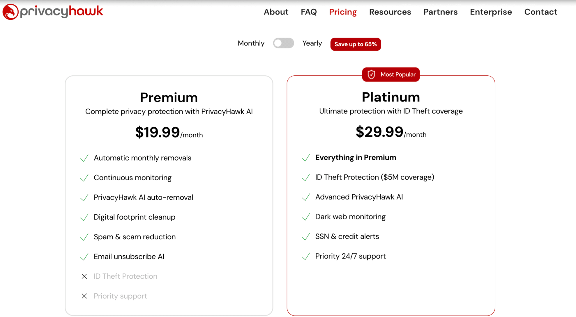 PrivacyHawk’s pricing plans