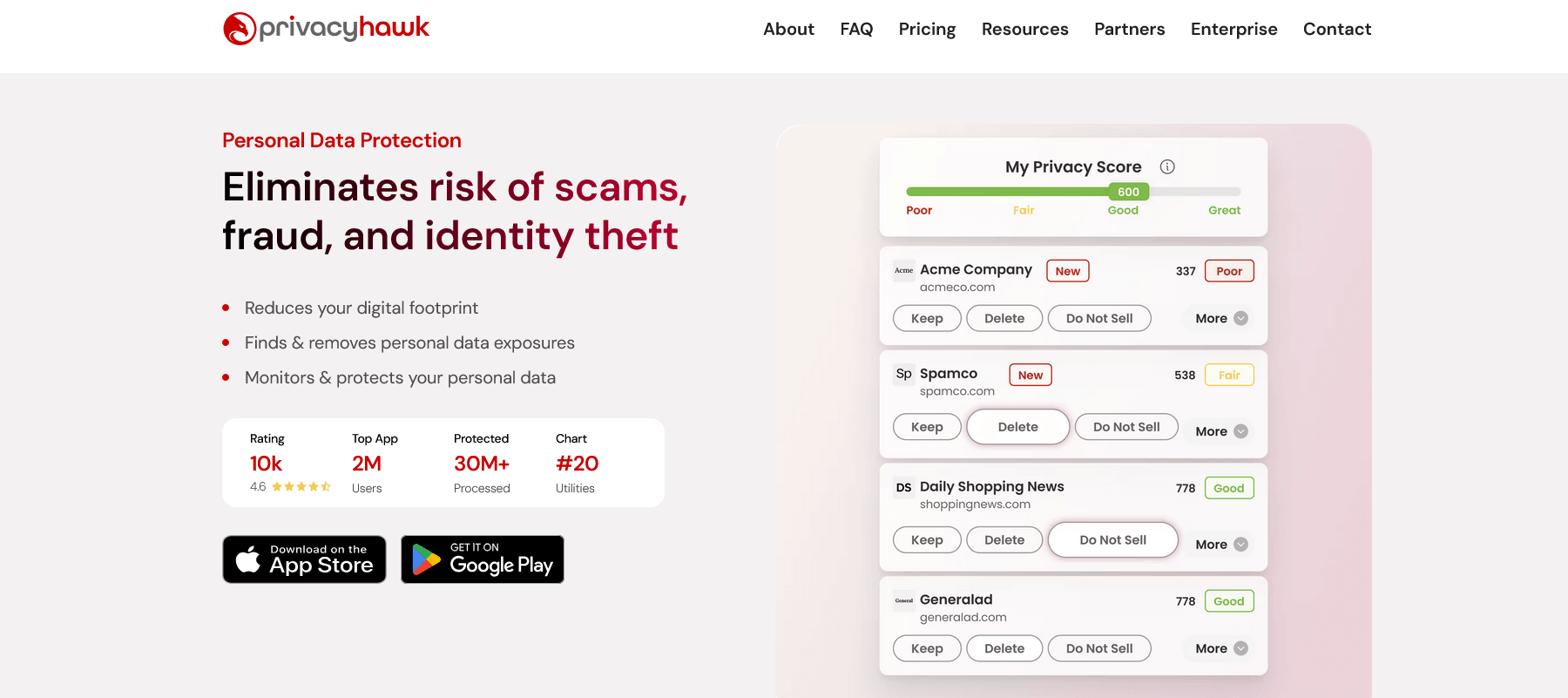 PrivacyHawk application interface on a smartphone screen.