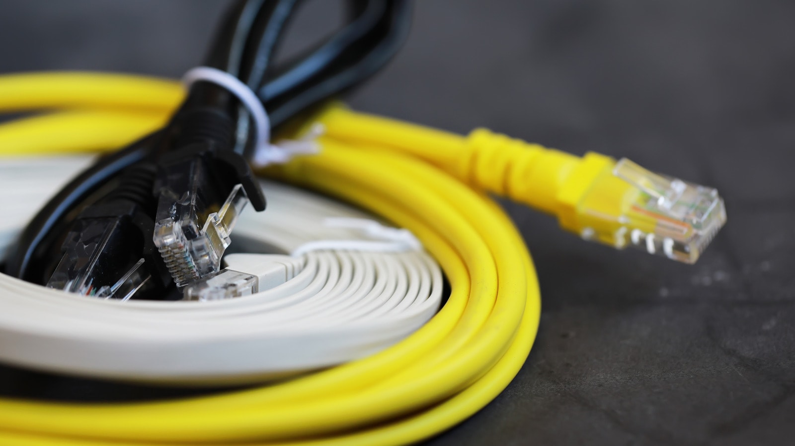 Close-up view of an Ethernet cable showing the internal twisted wire pairs.