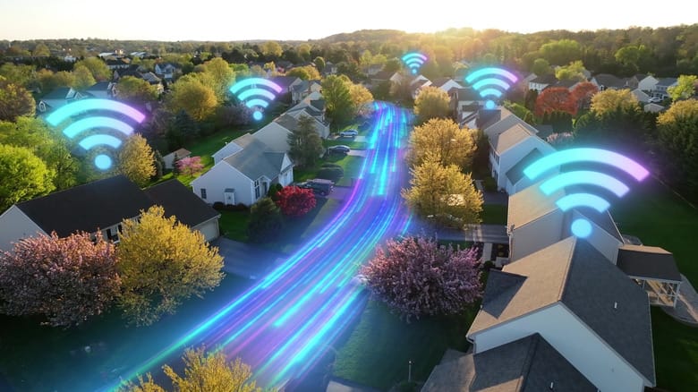 Wi-Fi icons above houses in a neighborhood, with light rays on the street in front of them.