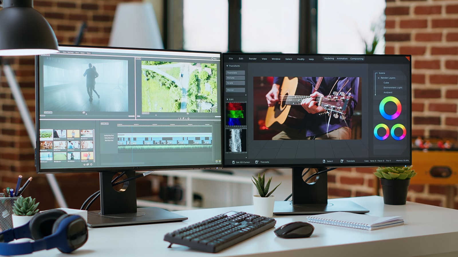 A clean home office setup featuring two computer monitors side-by-side on a desk.