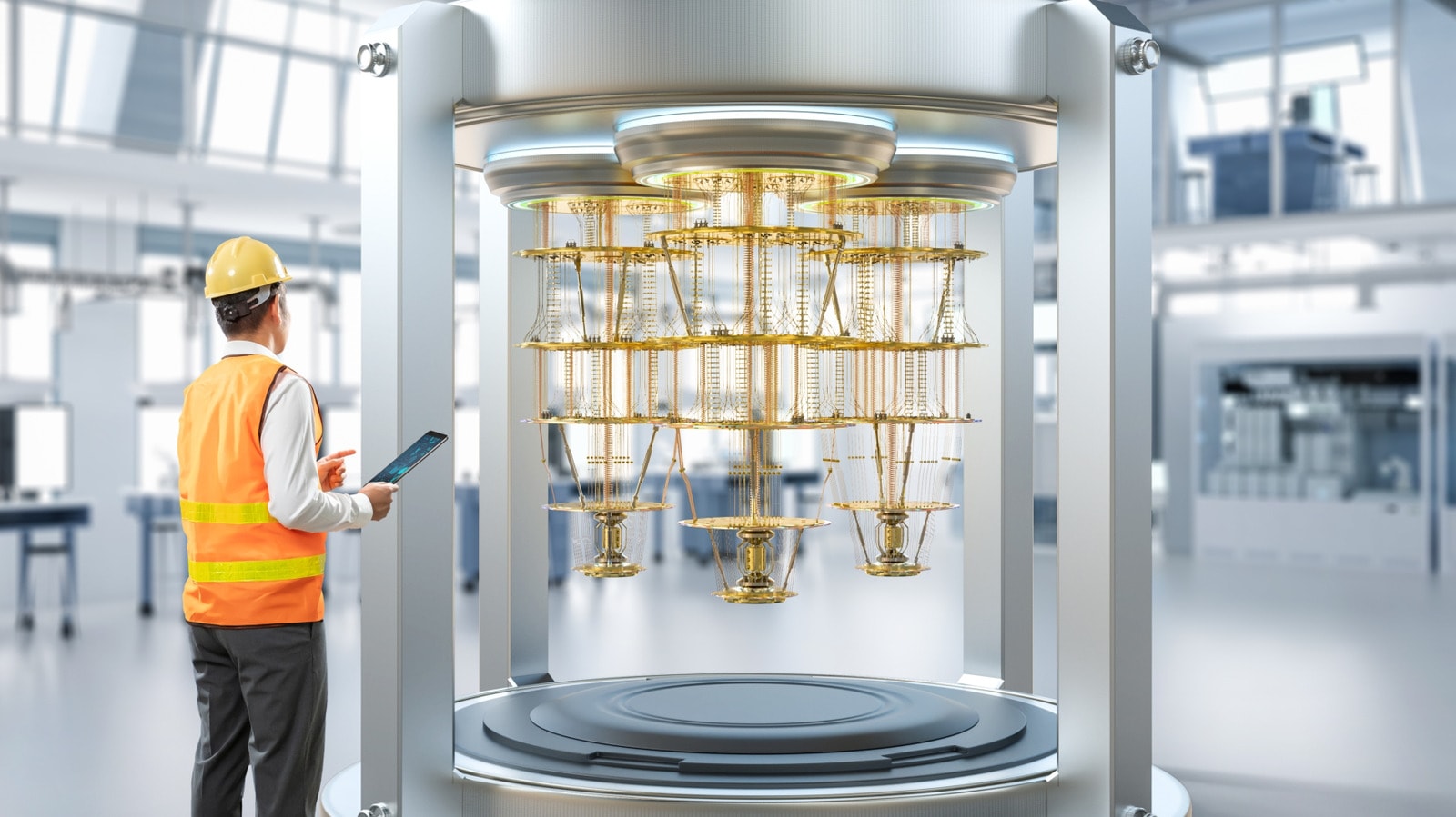 A quantum computer processor inside a cryogenic cooling system.