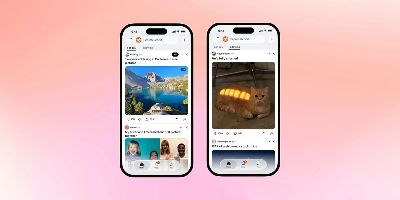 Reddit interface showing the new For You and Following tabs