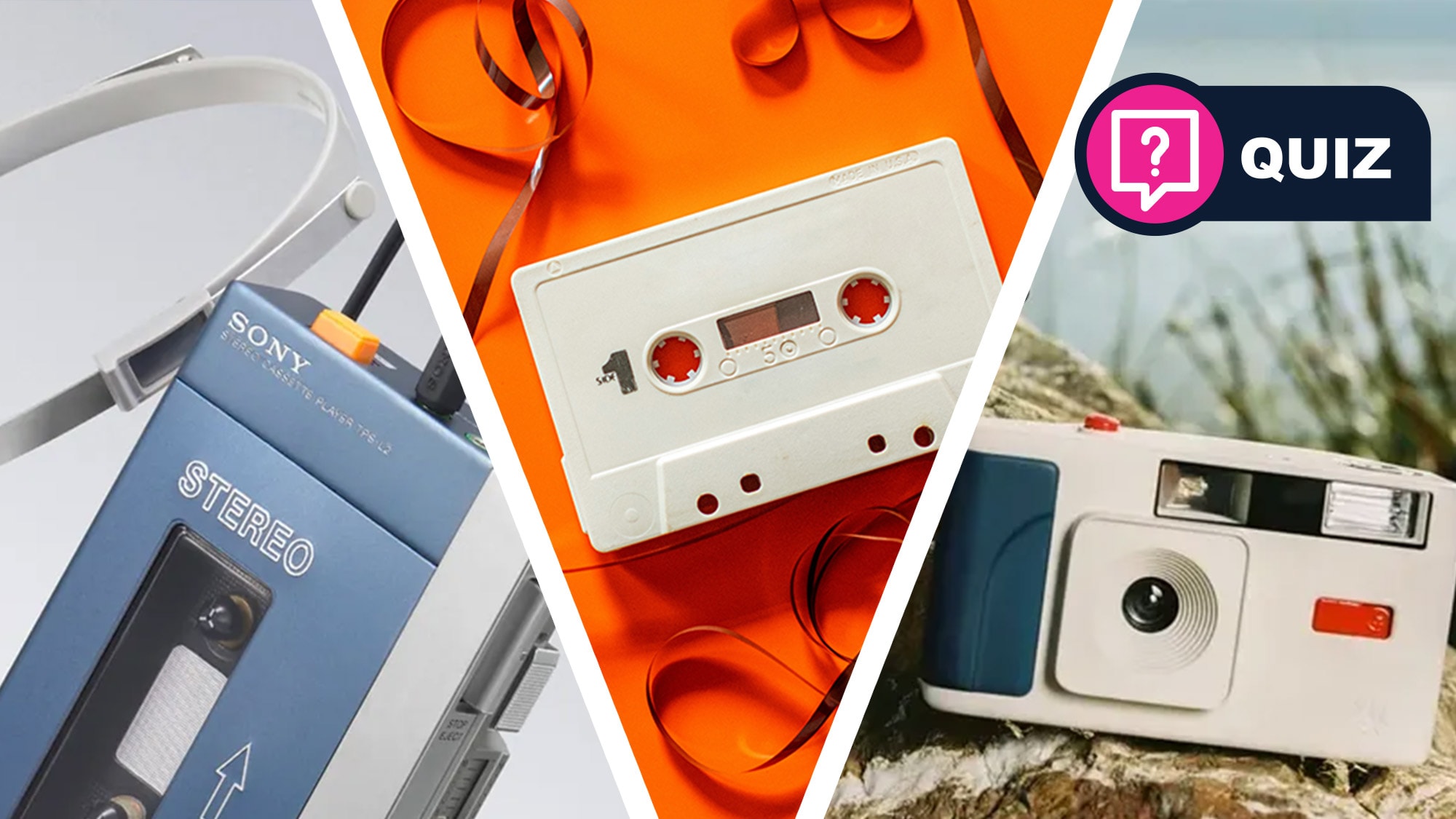 A collection of various retro electronic gadgets including a cassette player and old cameras.