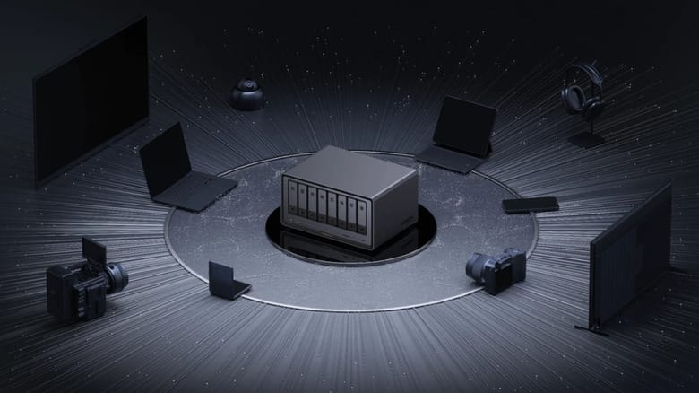 Product image of Ugreen NAS surrounded by laptops and cameras.