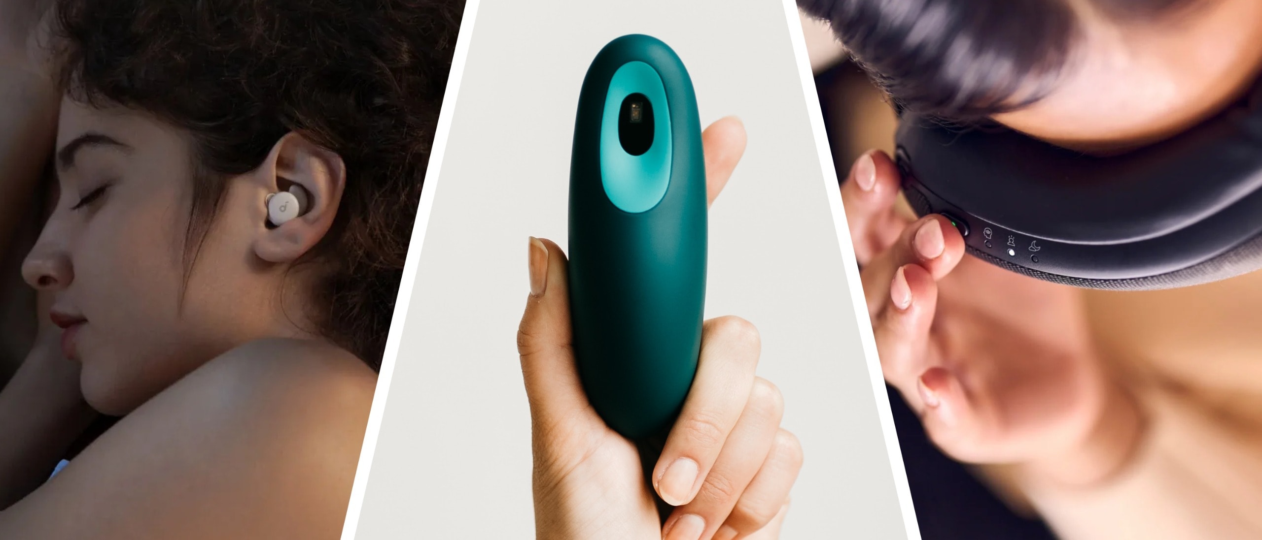 A collection of modern sleep technology devices on a nightstand.