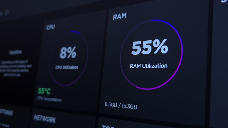 Close-up of CPU and RAM usage measured in a PC dashboard app.