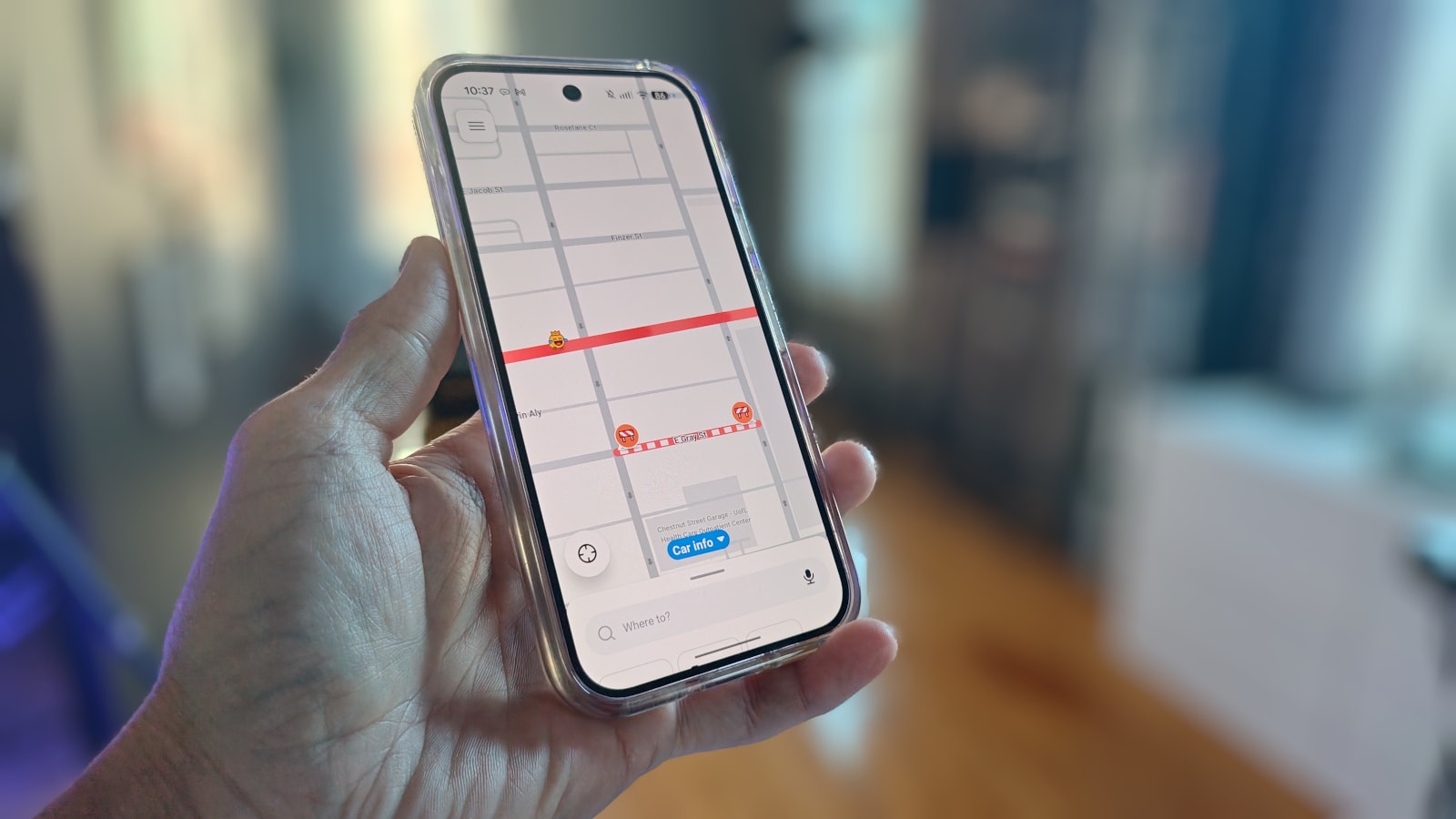 A Pixel smartphone displaying the Waze navigation interface