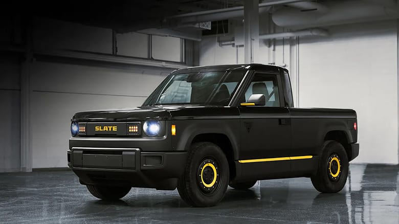 The Slate electric truck, sitting in a garage