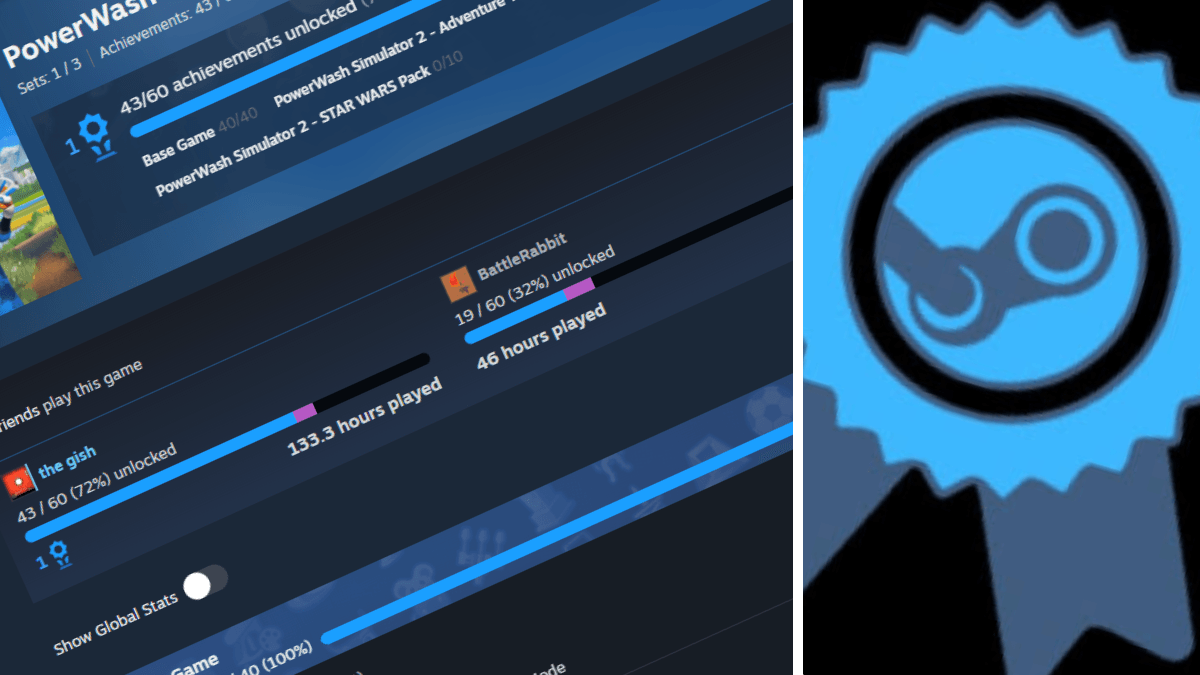 Steam logo with achievement icons displayed on a digital interface